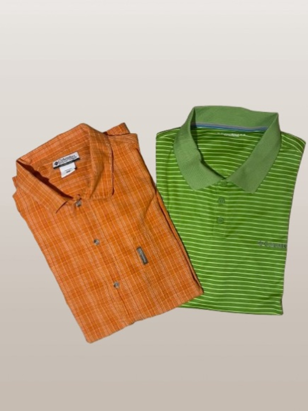 Lot of 2 Men's Columbia XL - Orange Plaid Button Up & Green Striped Polo Shirt